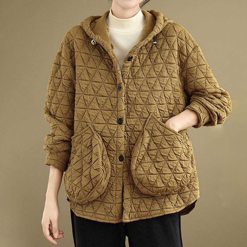 Buddha Stones Retro Rhombic Pattern Women's Acrylic Hooded Jacket With Pockets - image 3