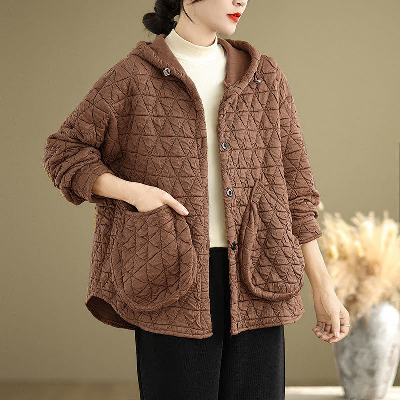 Buddha Stones Retro Rhombic Pattern Women's Acrylic Hooded Jacket With Pockets - image 14