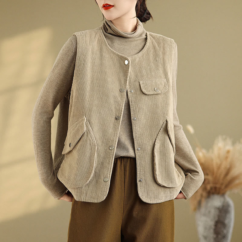 Buddha Stones Sleeveless Buttons Women's Cotton Vest Corduroy Waistcoat With Pockets - Wheat - US14，UK/AU18，EU46 (2XL) - image 0
