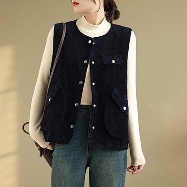 Buddha Stones Sleeveless Buttons Women's Cotton Vest Corduroy Waistcoat With Pockets - Black - US14，UK/AU18，EU46 (2XL) - image 6