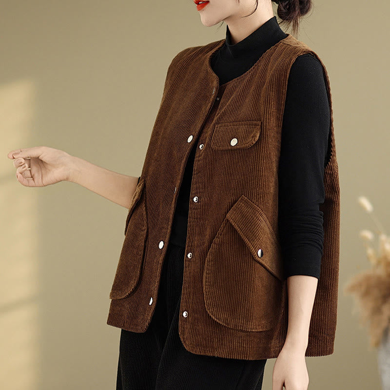Buddha Stones Sleeveless Buttons Women's Cotton Vest Corduroy Waistcoat With Pockets - image 14