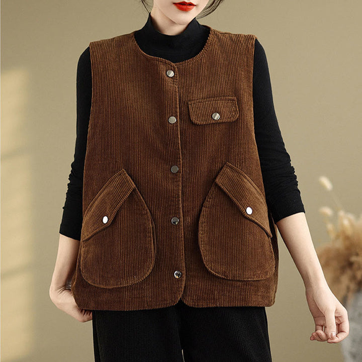 Buddha Stones Sleeveless Buttons Women's Cotton Vest Corduroy Waistcoat With Pockets - Maroon - US14，UK/AU18，EU46 (2XL) - image 10