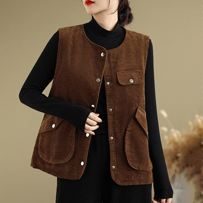 Buddha Stones Sleeveless Buttons Women's Cotton Vest Corduroy Waistcoat With Pockets - image 13