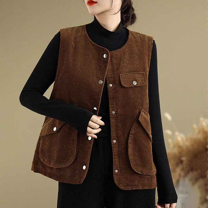 Buddha Stones Sleeveless Buttons Women's Cotton Vest Corduroy Waistcoat With Pockets - image 13