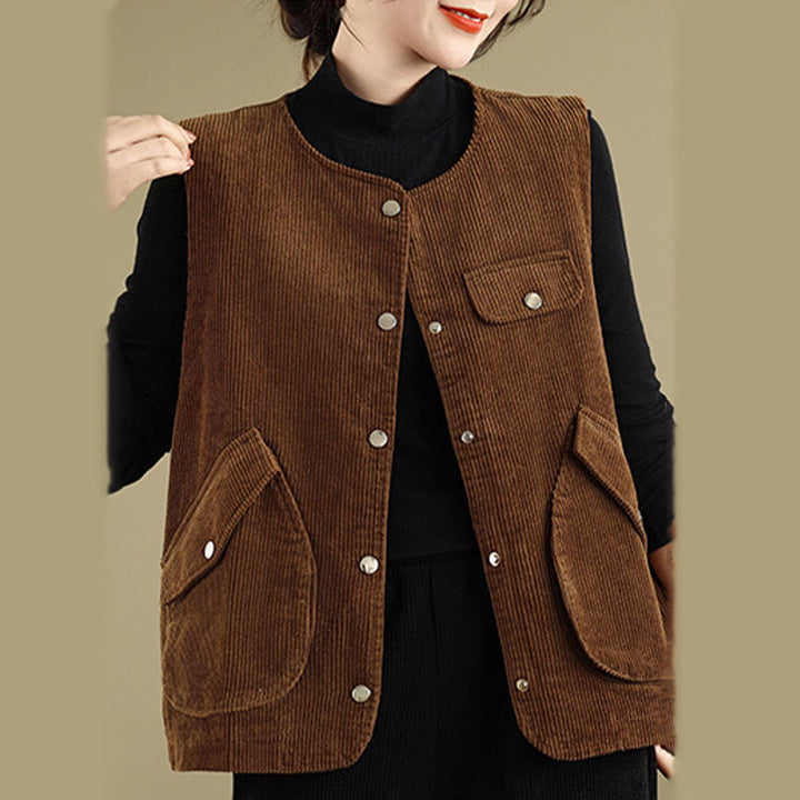 Buddha Stones Sleeveless Buttons Women's Cotton Vest Corduroy Waistcoat With Pockets - image 10