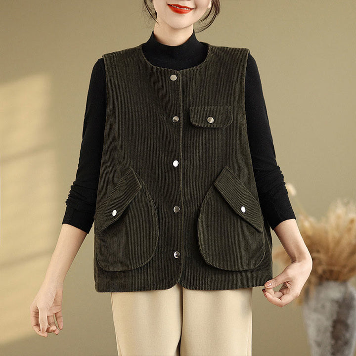 Buddha Stones Sleeveless Buttons Women's Cotton Vest Corduroy Waistcoat With Pockets - image 21