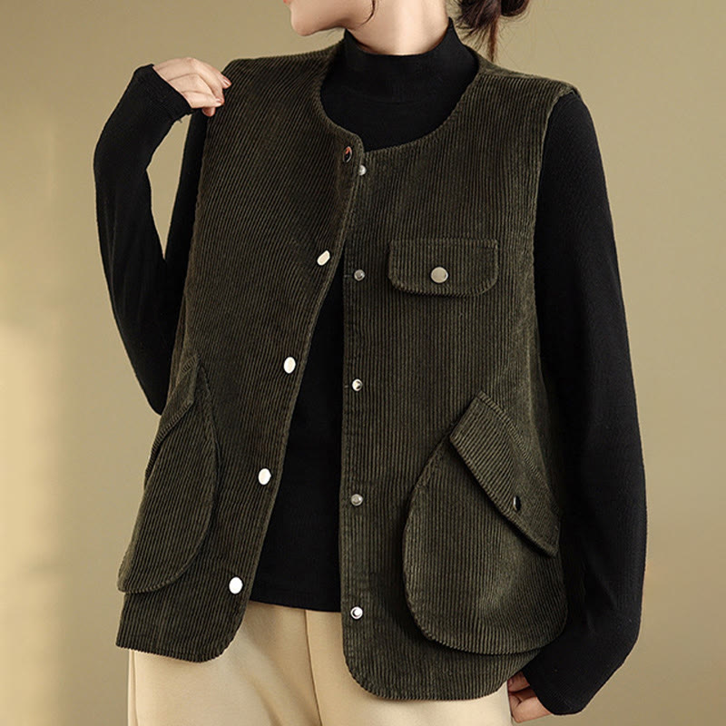 Buddha Stones Sleeveless Buttons Women's Cotton Vest Corduroy Waistcoat With Pockets - image 22