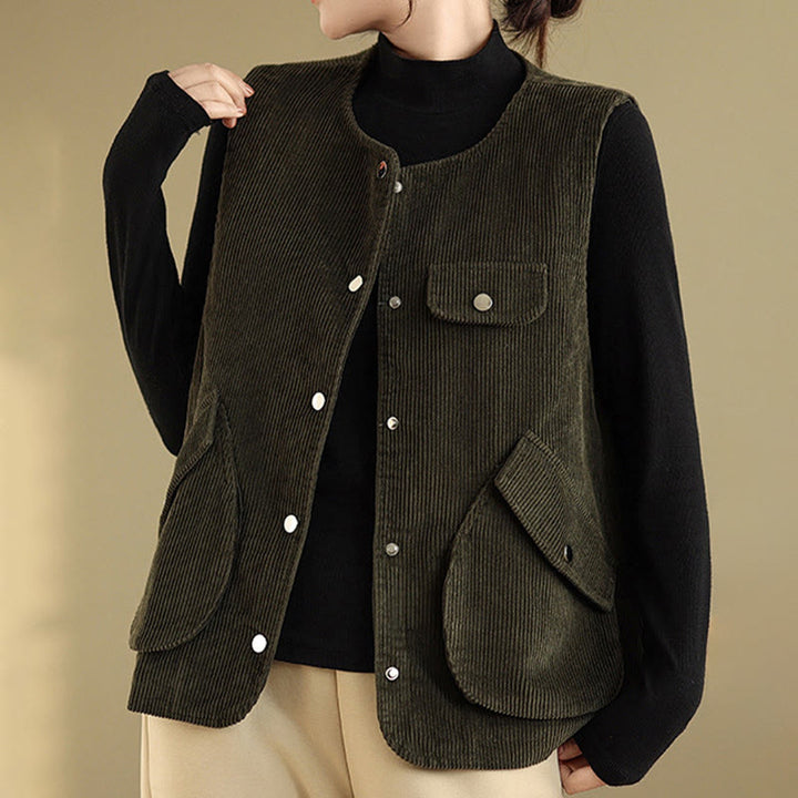 Buddha Stones Sleeveless Buttons Women's Cotton Vest Corduroy Waistcoat With Pockets - image 22
