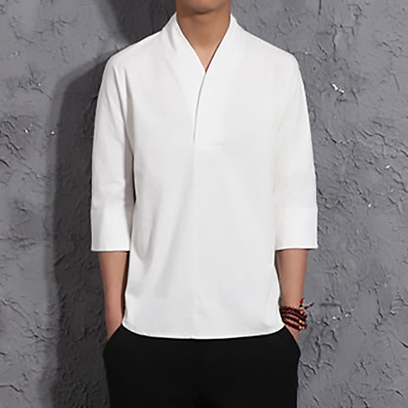 Buddha Stones Casual V-Neck Three Quarter Sleeve Shirt Cotton Men Clothing - White - US/UK/AU44，EU54 (5XL) - image 2