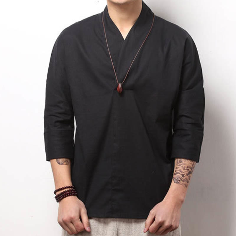 Buddha Stones Casual V-Neck Three Quarter Sleeve Shirt Cotton Men Clothing - Black - US/UK/AU46，EU56 (5XL) - image 6