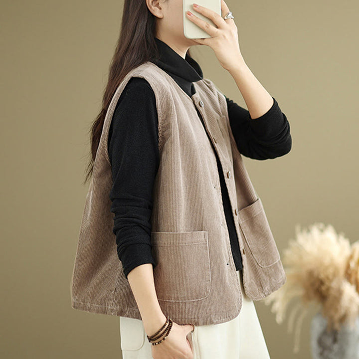 Buddha Stones Corduroy Buttons Women's Cotton Vest Waistcoat With Pockets - image 5