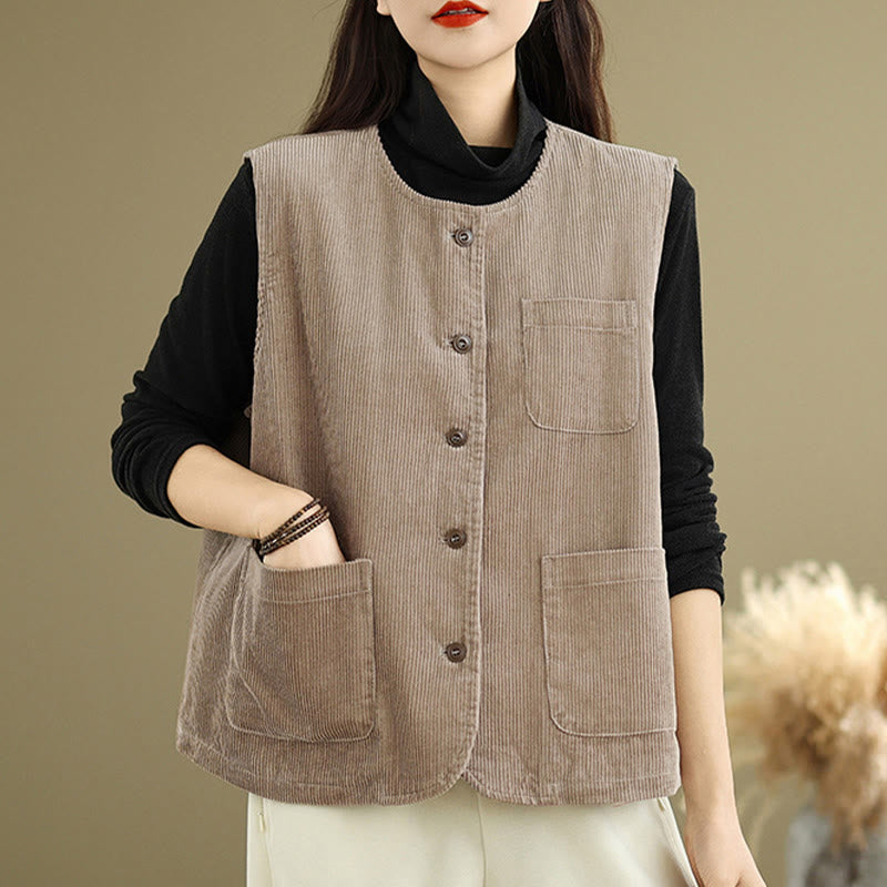 Buddha Stones Corduroy Buttons Women's Sleeveless Cotton Vest Waistcoat With Pockets - image 3
