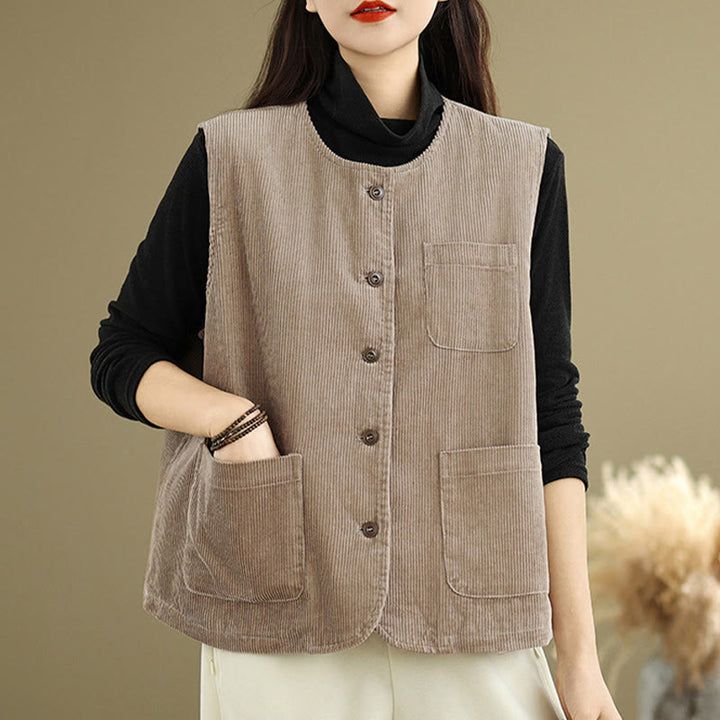 Buddha Stones Corduroy Buttons Women's Sleeveless Cotton Vest Waistcoat With Pockets - image 3