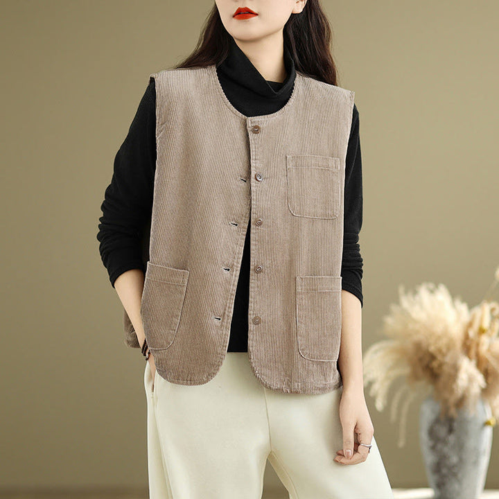 Buddha Stones Corduroy Buttons Women's Cotton Vest Waistcoat With Pockets - Tan - US8-10，UK/AU12-14，EU40-42 (2XL) - image 1