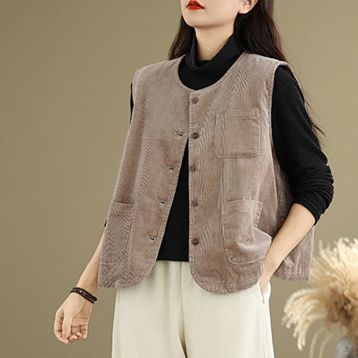 Buddha Stones Corduroy Buttons Women's Sleeveless Cotton Vest Waistcoat With Pockets - image 1