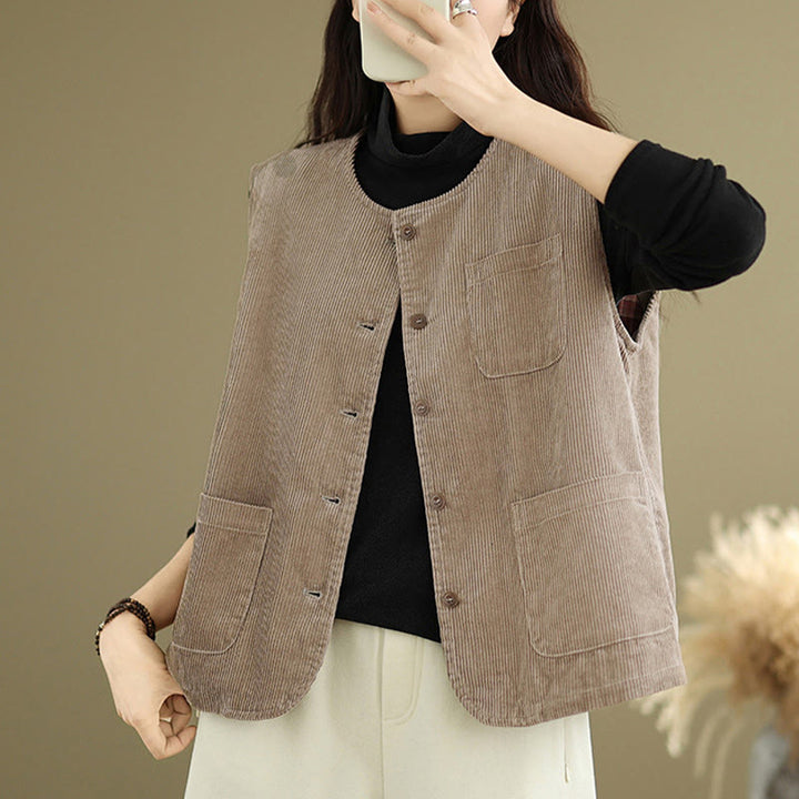 Buddha Stones Corduroy Buttons Women's Sleeveless Cotton Vest Waistcoat With Pockets - image 5