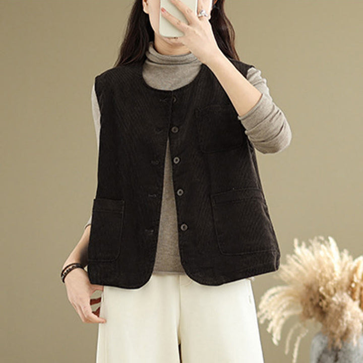 Buddha Stones Corduroy Buttons Women's Cotton Vest Waistcoat With Pockets - image 13