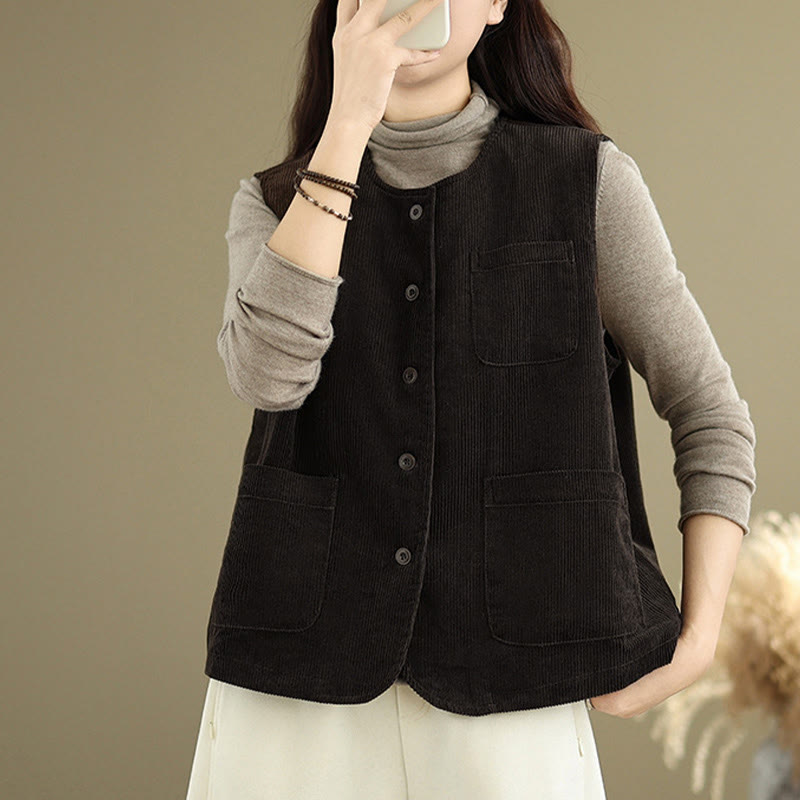 Buddha Stones Corduroy Buttons Women's Cotton Vest Waistcoat With Pockets - image 9