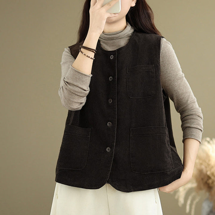 Buddha Stones Corduroy Buttons Women's Sleeveless Cotton Vest Waistcoat With Pockets - image 9