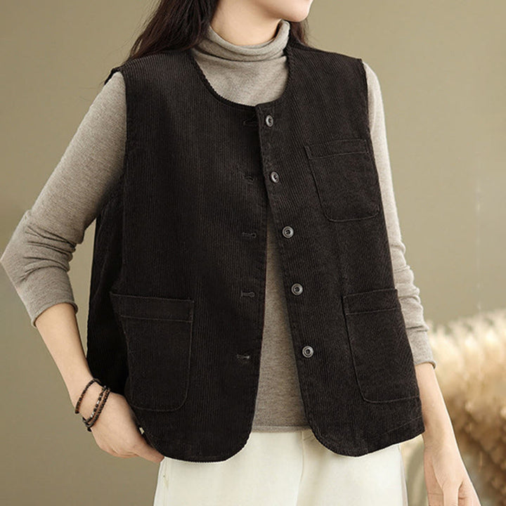 Buddha Stones Corduroy Buttons Women's Sleeveless Cotton Vest Waistcoat With Pockets - SaddleBrown - US8-10，UK/AU12-14，EU40-42 (2XL) - image 8