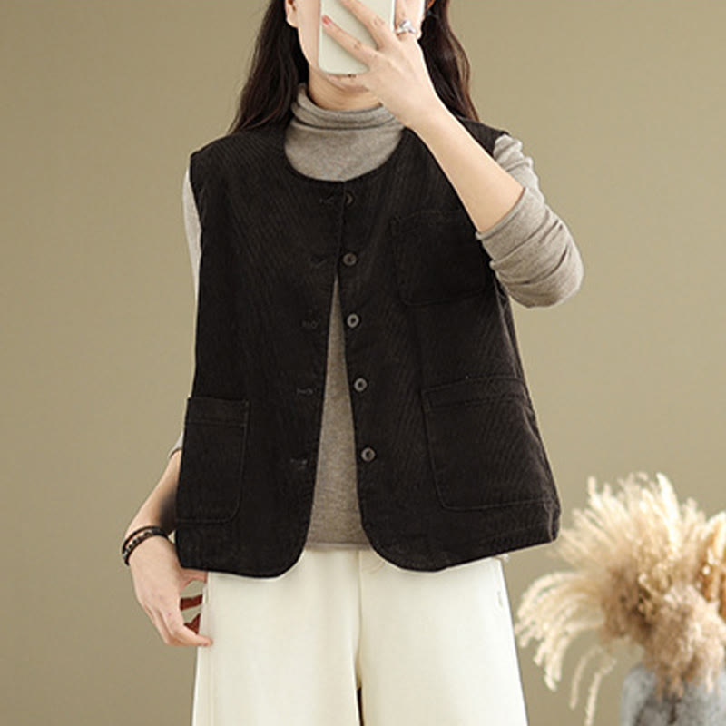 Buddha Stones Corduroy Buttons Women's Sleeveless Cotton Vest Waistcoat With Pockets - image 12