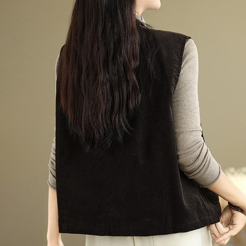 Buddha Stones Corduroy Buttons Women's Sleeveless Cotton Vest Waistcoat With Pockets - image 14