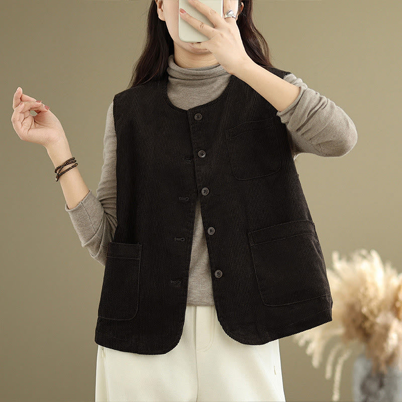 Buddha Stones Corduroy Buttons Women's Sleeveless Cotton Vest Waistcoat With Pockets - image 10