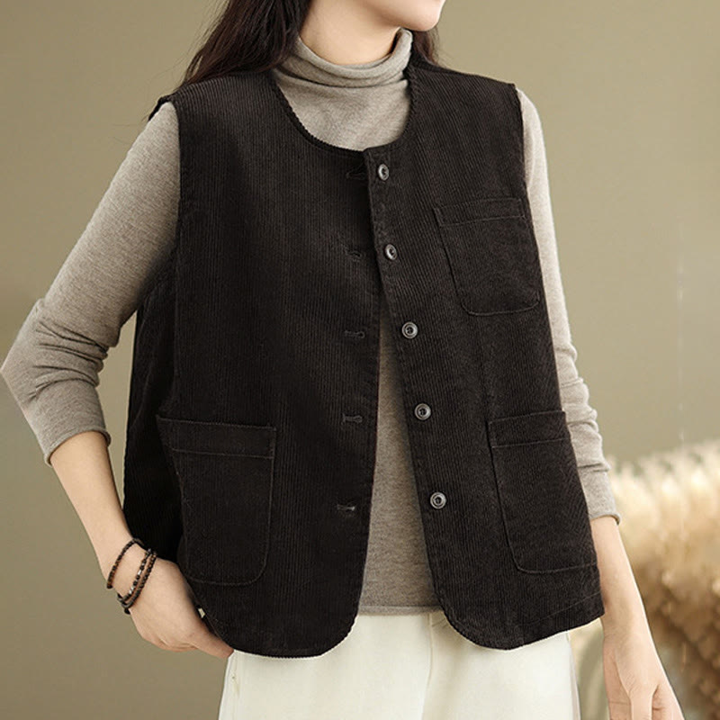 Buddha Stones Corduroy Buttons Women's Cotton Vest Waistcoat With Pockets - SaddleBrown - US8-10，UK/AU12-14，EU40-42 (2XL) - image 8