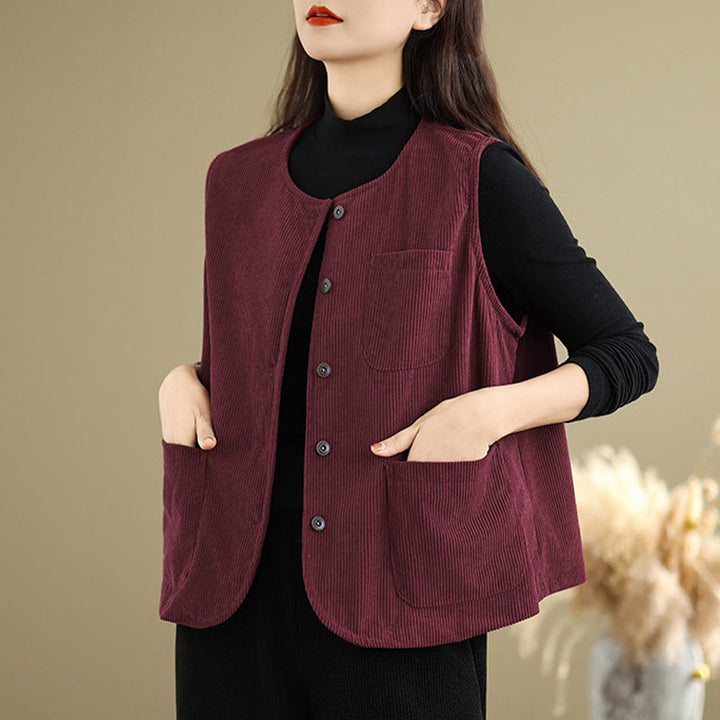 Buddha Stones Corduroy Buttons Women's Sleeveless Cotton Vest Waistcoat With Pockets - image 22