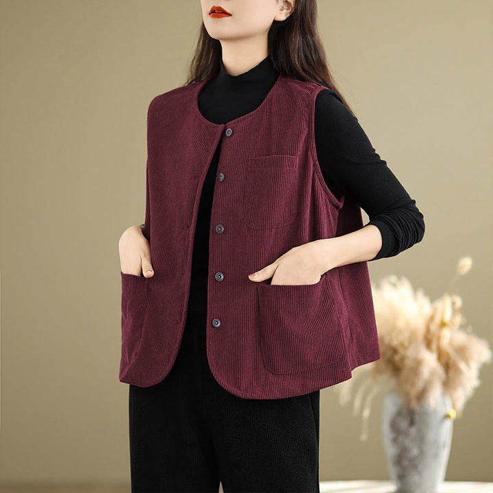 Buddha Stones Corduroy Buttons Women's Sleeveless Cotton Vest Waistcoat With Pockets - image 22