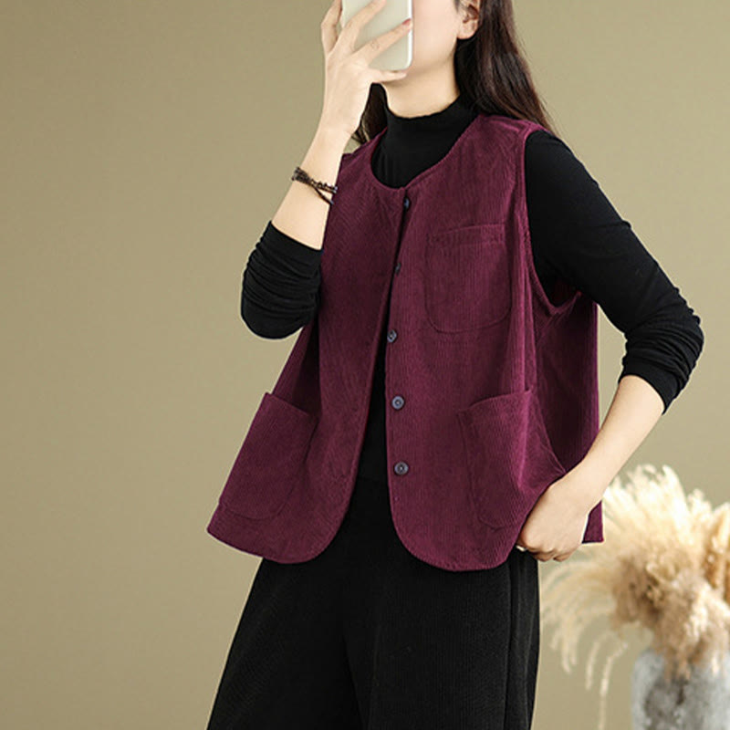 Buddha Stones Corduroy Buttons Women's Sleeveless Cotton Vest Waistcoat With Pockets - image 20