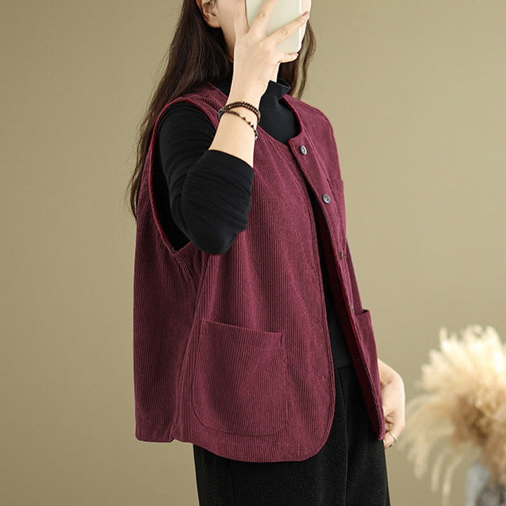 Buddha Stones Corduroy Buttons Women's Sleeveless Cotton Vest Waistcoat With Pockets - image 21