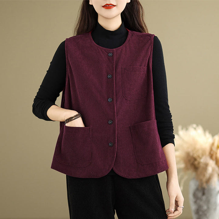 Buddha Stones Corduroy Buttons Women's Sleeveless Cotton Vest Waistcoat With Pockets - IndianRed - US8-10，UK/AU12-14，EU40-42 (2XL) - image 19