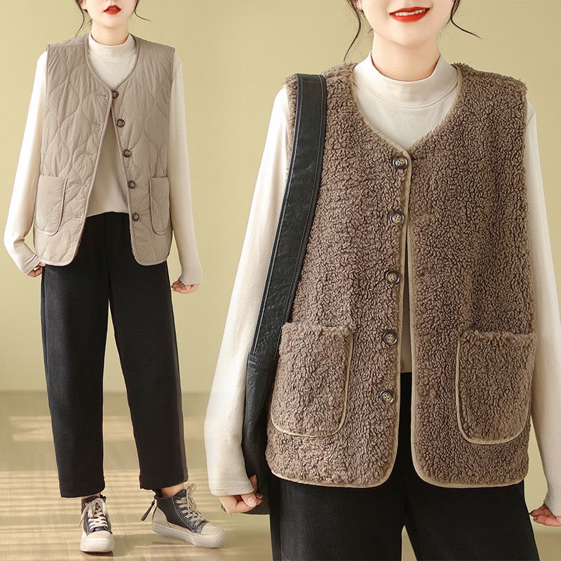 Buddha Stones Double-sided Style Women's Viscose Fiber Sleeveless Vest Waistcoat With Pockets - BurlyWood - US12，UK/AU16，EU44 (2XL) - image 1