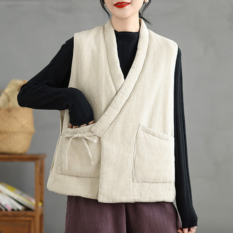 Buddha Stones Plain Lace-up Women's Cotton Vest Waistcoat With Pockets - image 20