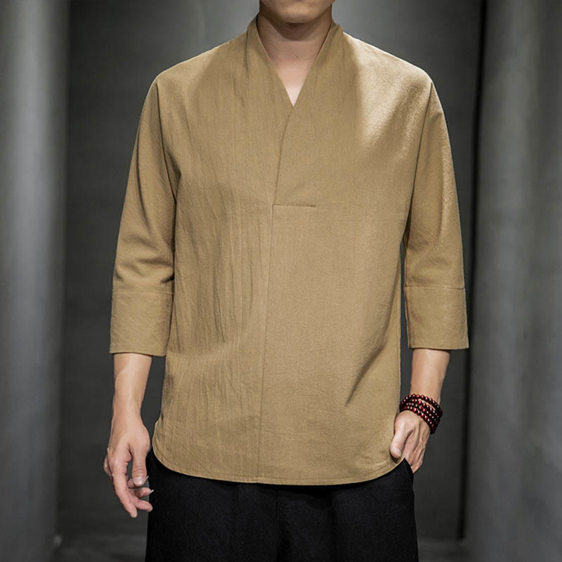 Buddha Stones Casual V-Neck Three Quarter Sleeve Shirt Cotton Men Clothing - BurlyWood - US/UK/AU44，EU54 (5XL) - image 1