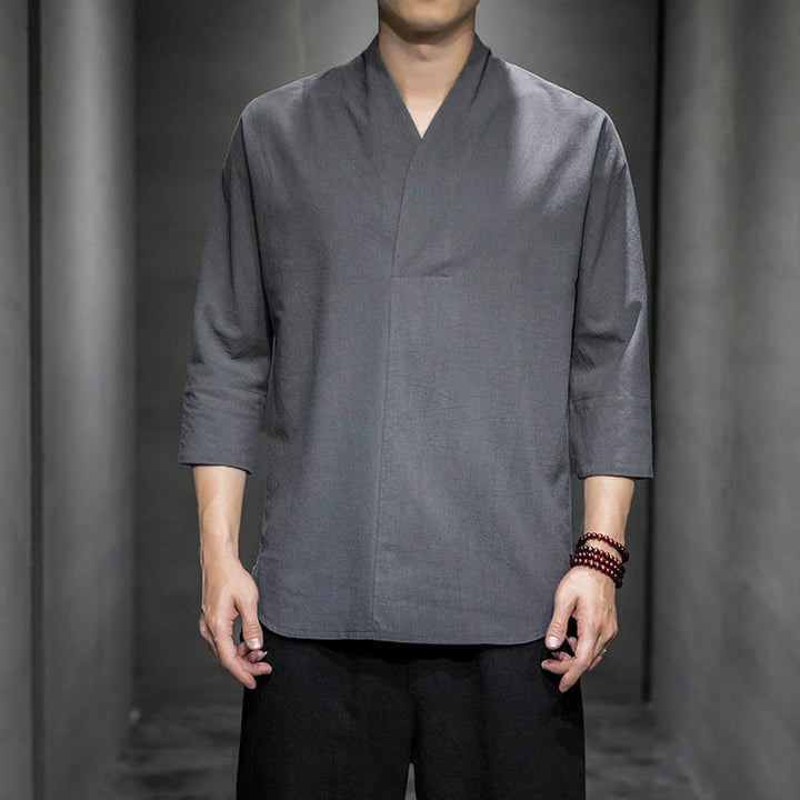 Buddha Stones Casual V-Neck Three Quarter Sleeve Shirt Cotton Men Clothing - Gray - US/UK/AU44，EU54 (5XL) - image 5