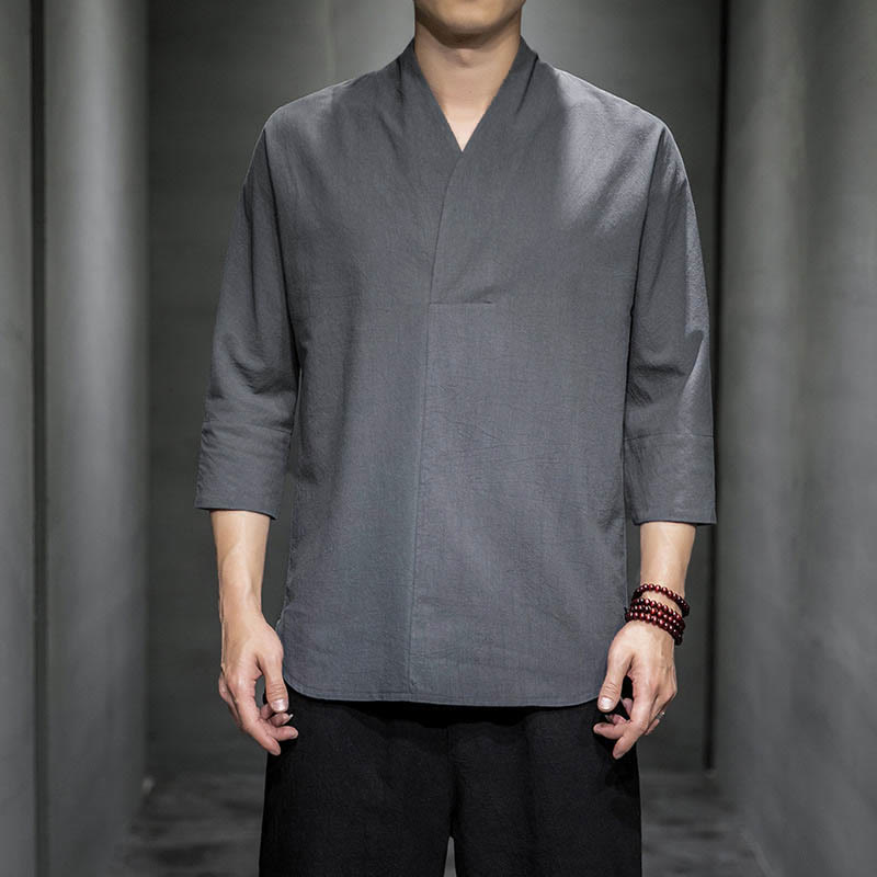 Buddha Stones Casual V-Neck Three Quarter Sleeve Shirt Cotton Men Clothing - Gray - US/UK/AU46，EU56 (5XL) - image 5