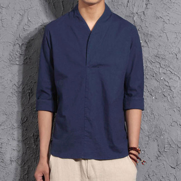 Buddha Stones Casual V-Neck Three Quarter Sleeve Shirt Cotton Men Clothing - Steelblue - US/UK/AU44，EU54 (5XL) - image 8