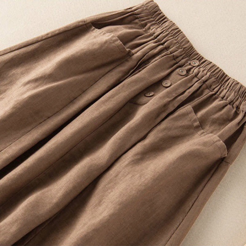Buddha Stones Summer Solid Button Elastic Waist 7-8 Length Women's Skirt With Pockets - image 2