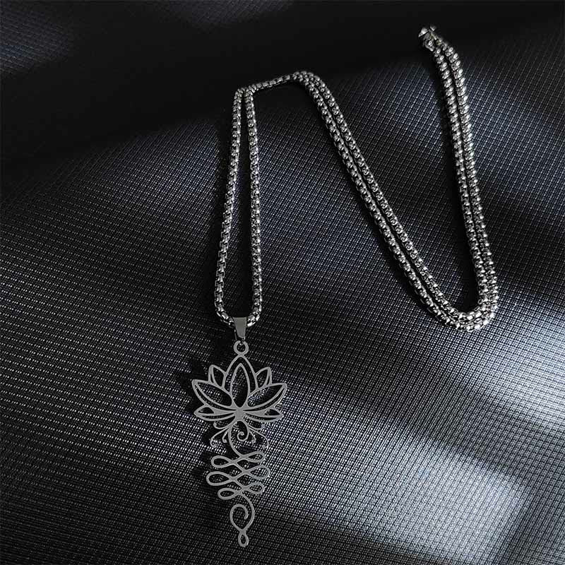 Buddha Stones Lotus Vines Design Chakra Symbol Stainless Steel Enlightenment Necklace Pendant - Silver - image 2