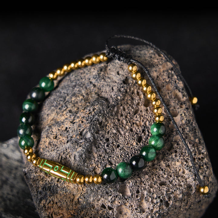 Buddha Stones Cute Bone Pattern Tiger Eye Courage Beads Bracelet - Green Tiger Eye & Titanium Steel(Wrist Circumference: 15-21cm) - image 10