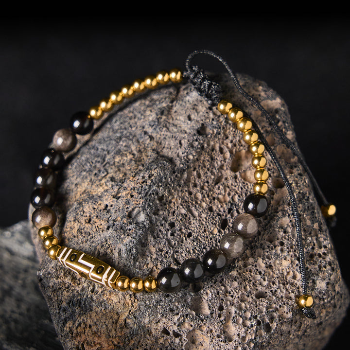 Buddha Stones Cute Bone Pattern Tiger Eye Courage Beads Bracelet - Silver Sheen Obsidian & Titanium Steel(Wrist Circumference: 15-21cm) - image 6