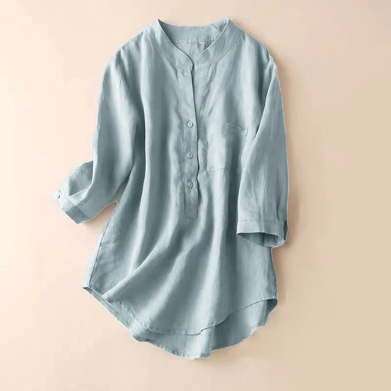 Buddha Stones Casual Women's V-neck Three Quarter Sleeve Design Plain Cotton Linen Shirt - LightSteelBlue - US12，UK/AU16，EU44 (3XL) - image 1