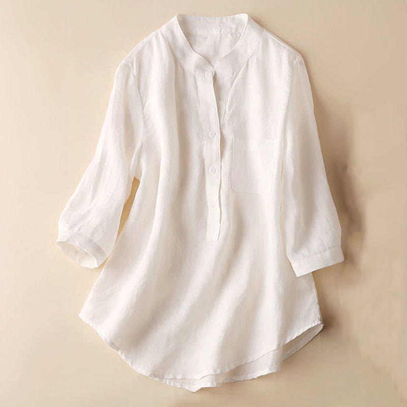 Buddha Stones Casual Women's V-neck Three Quarter Sleeve Design Plain Cotton Linen Shirt - image 11