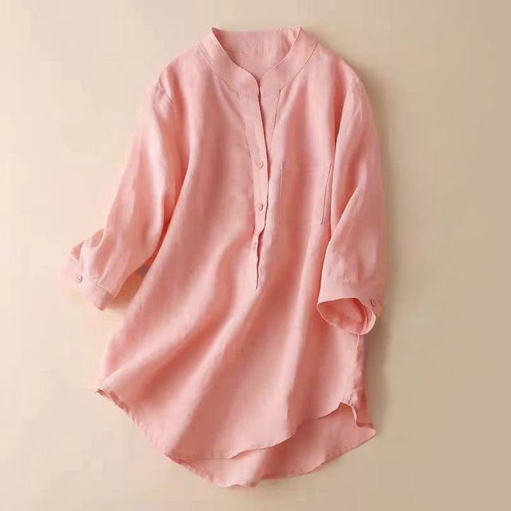 Buddha Stones Casual Women's V-neck Three Quarter Sleeve Design Plain Cotton Linen Shirt - 	Salmon - US12，UK/AU16，EU44 (3XL) - image 13
