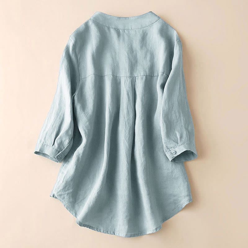 Buddha Stones Casual Women's V-neck Three Quarter Sleeve Design Plain Cotton Linen Shirt - image 2