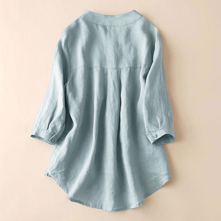 Buddha Stones Casual Women's V-neck Three Quarter Sleeve Design Plain Cotton Linen Shirt - image 2