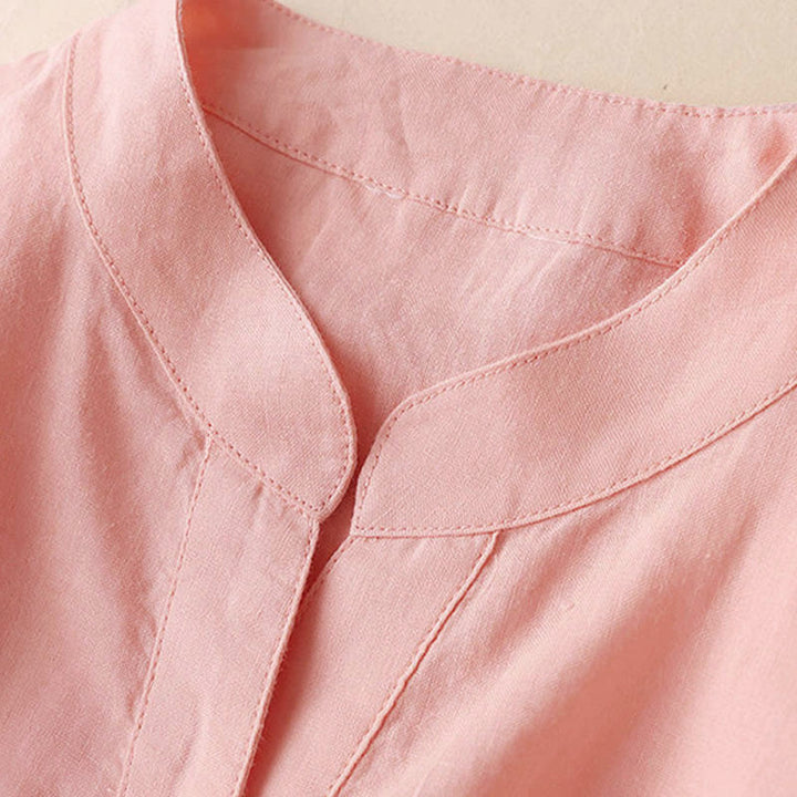 Buddha Stones Casual Women's V-neck Three Quarter Sleeve Design Plain Cotton Linen Shirt - image 17