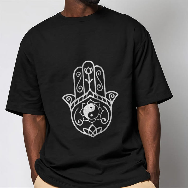 Buddha Stones Hamsa Hand Yin Yang Pattern Tee Cotton T-shirt - image 5